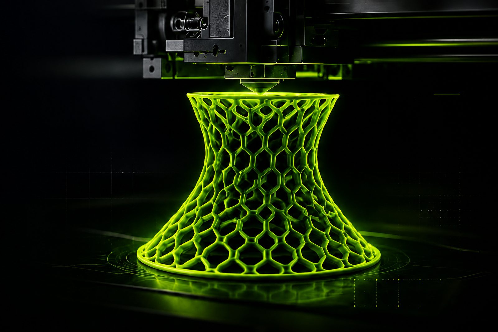 Impressora 3D produzindo uma peça em treliça verde, camada por camada